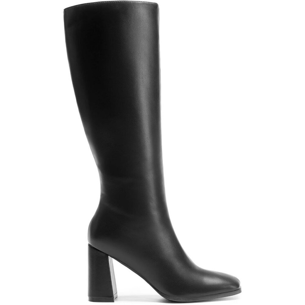 Women's Black DREAM PAIRS Knee-High Boots Square Toe Gogo Chunky Heel Side Zip - Picture 4 of 9